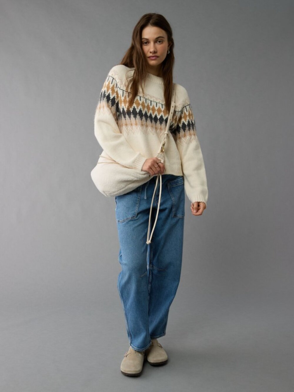 AMERICAN EAGLE Cream Festive Feels Fair Isle Crew Neck Sweater Size M Soft Knit